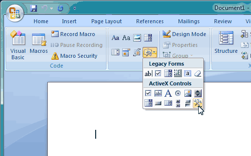 Insert the barcode ActiveX into the Word 2007 document